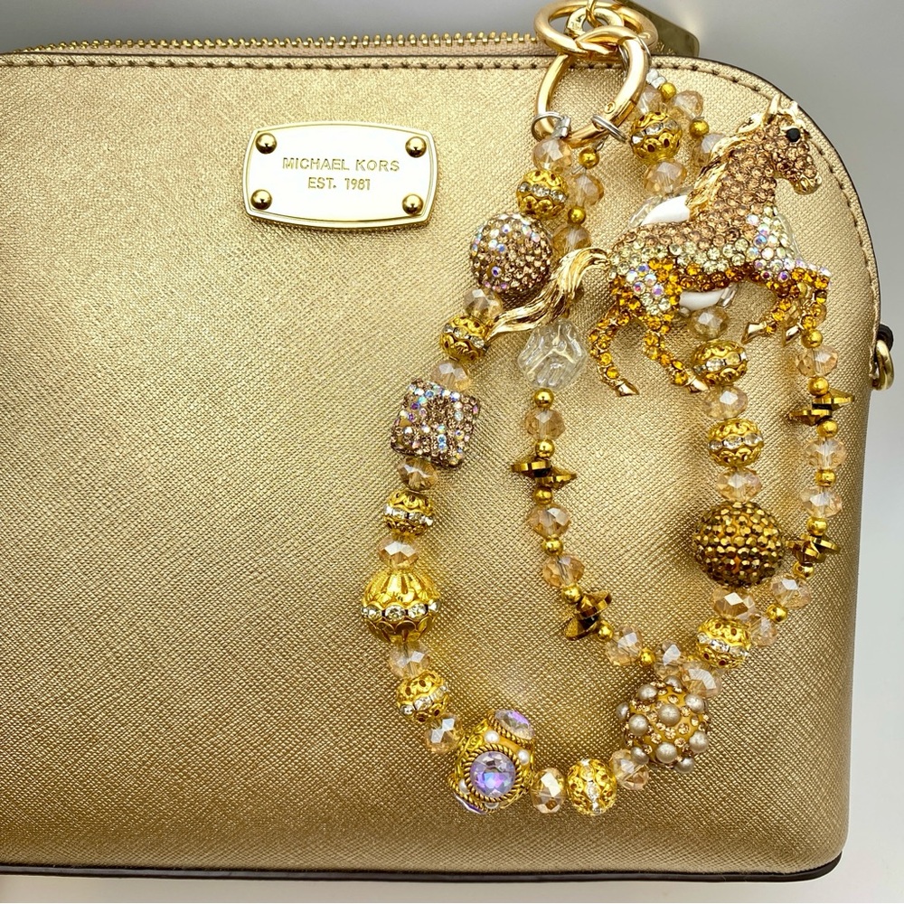 🐴Luxury Bag/Phone Chain Charm/Keychain Champagne Brown Horse Bling Crystal Beads